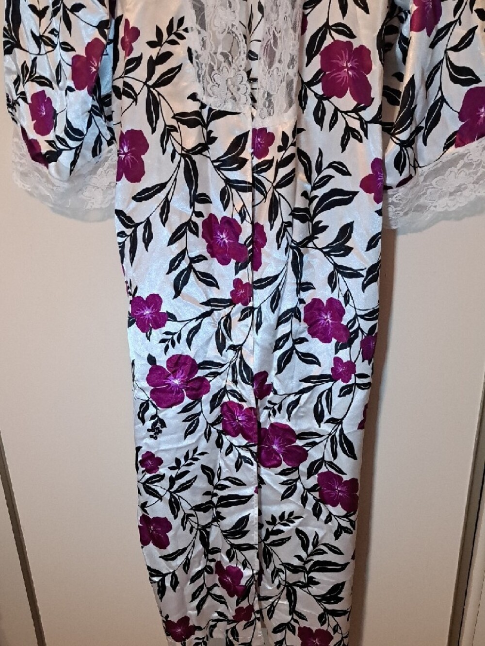 Amoureuse White Floral Lace-Trim Maxi Nightgown - Magenta & Black Print - Picture 10 of 15